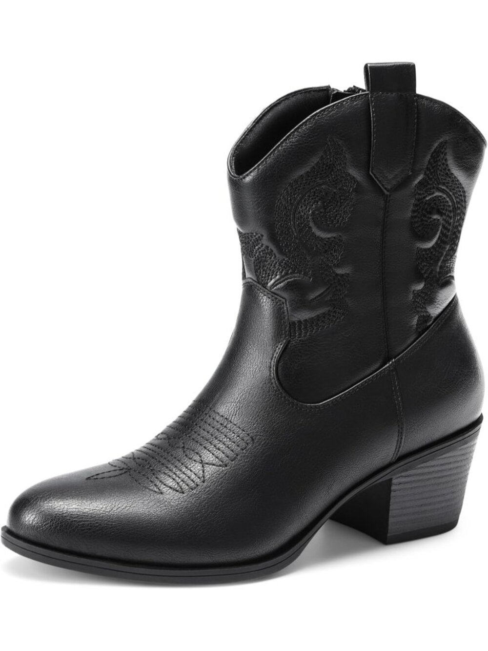 Women's Black Chunky Heel Western Cowgirl Embroidered Round Toe Ankle Boots